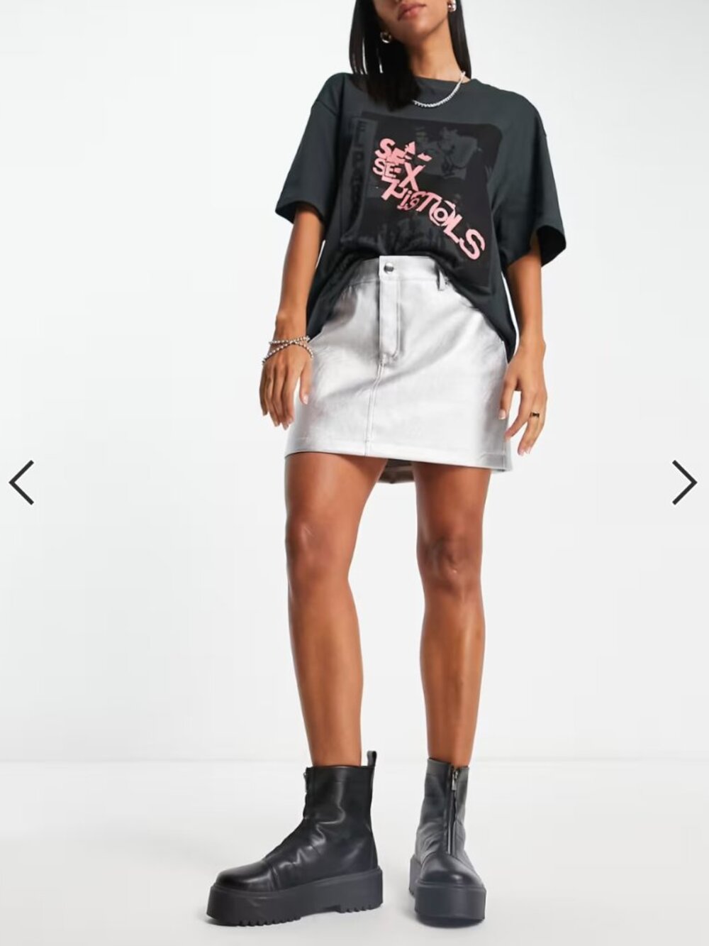 Topshop Leather Look Denim Styling Mini Skirt in Metallic Silver Sz 10 - Picture 4 of 4
